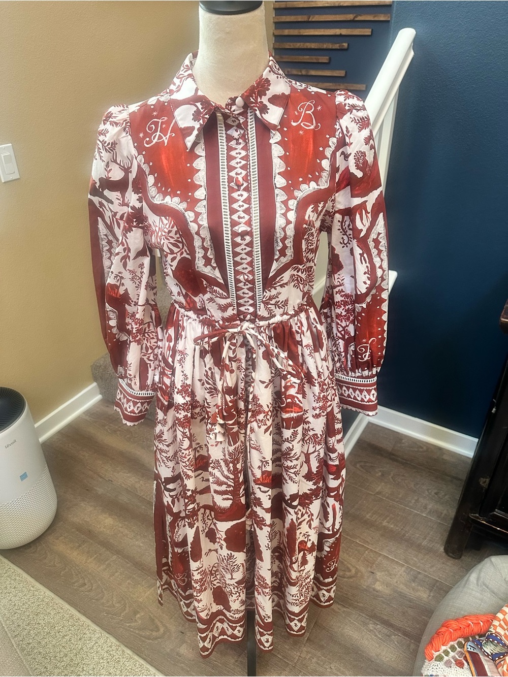 HUNTER BELL Red and White Printed Long-Sleeve Midi Dress